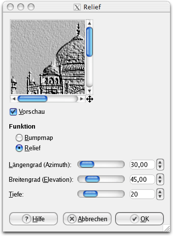 Eigenschaften für das Filter Relief